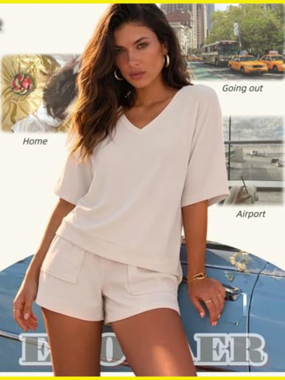 V-Neck Lounge Short Set Summer Casual Loose Fit Batwing Sleeves Pockets - Picture 6 of 7